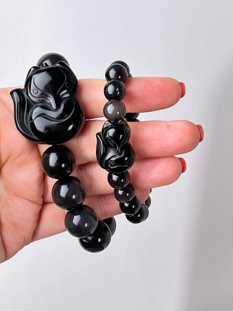 Lucky Fox Obsidian Bracelet, 16mm XL or 12 mm, for Luck and Boundaries, Stretchy, with Fox Carving and Sheen