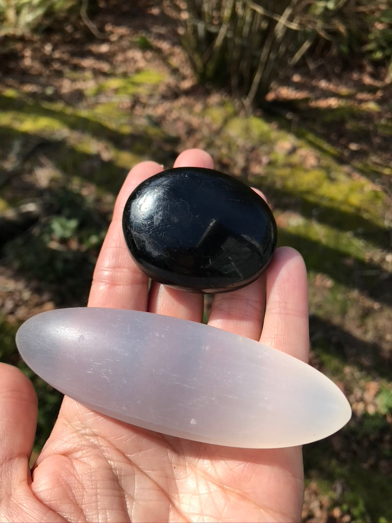 Selenite & Black Tourmaline Energy Harmonizer Palm Set