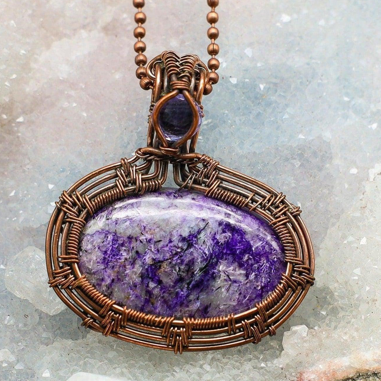 Dyed Quartz Crystal Copper Wire Wrap Pendant Handcrafted