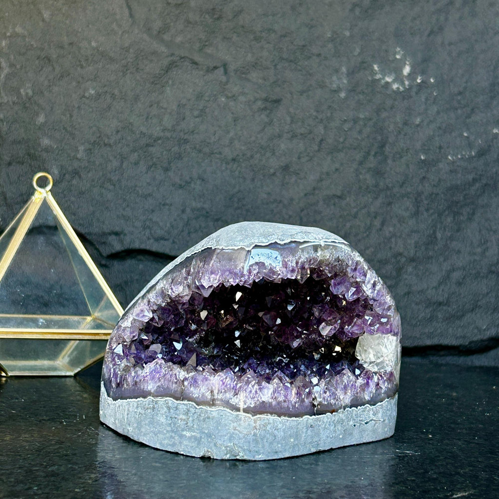 Flat Natural Amethyst Geode Centerpiece With Agate Layers