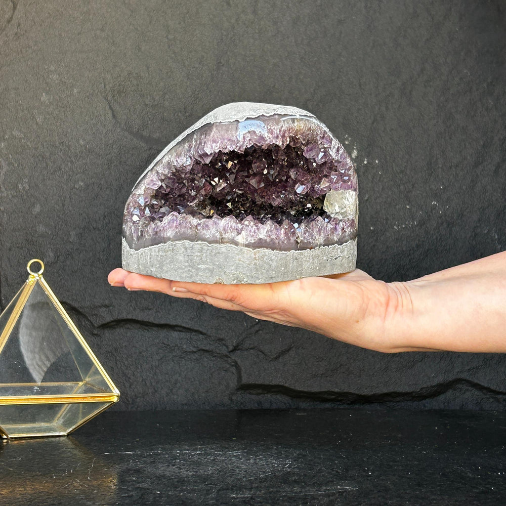 Flat Natural Amethyst Geode Centerpiece With Agate Layers