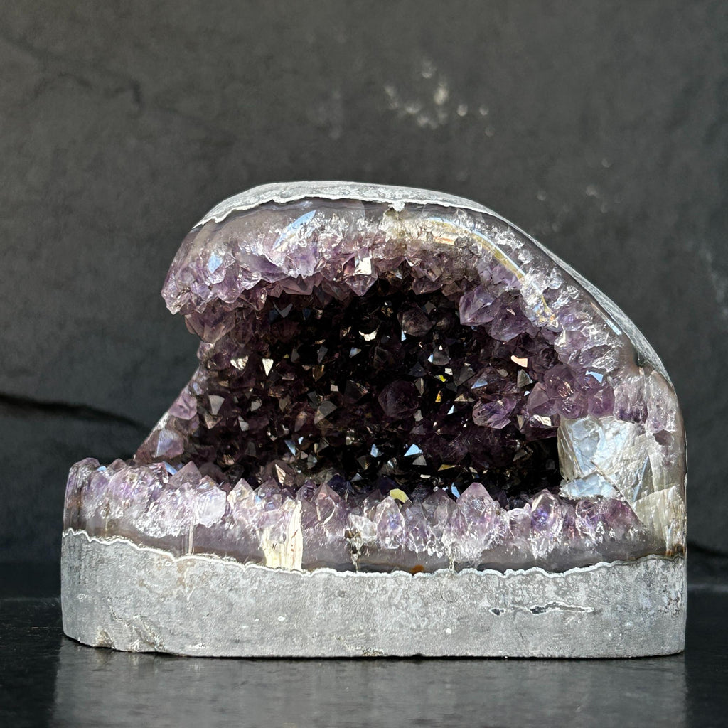 Flat Natural Amethyst Geode Centerpiece With Agate Layers