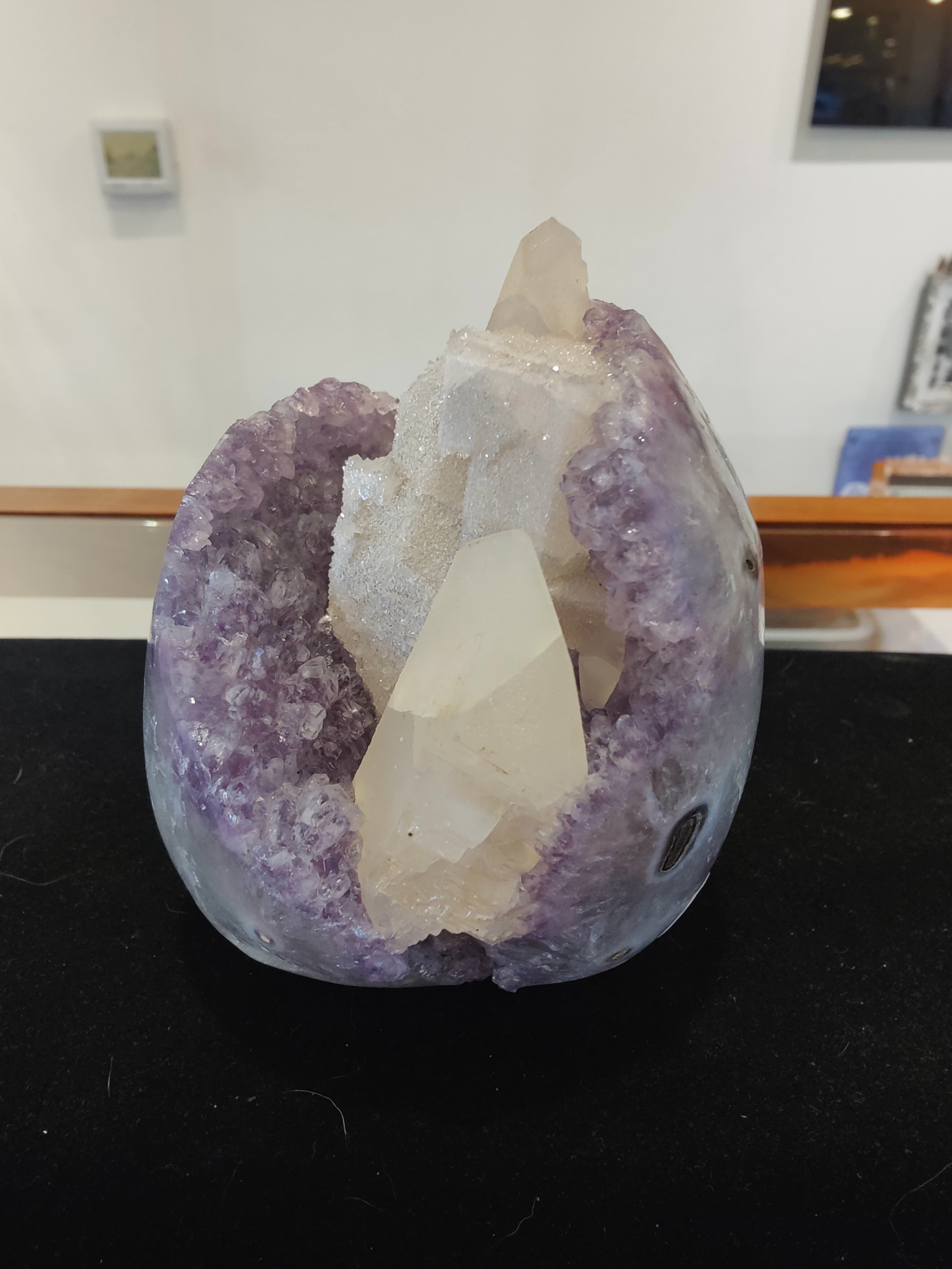 Amethyst with Calcite Crystal Inclusions Geode Sculpture by Rare Earth Gallery