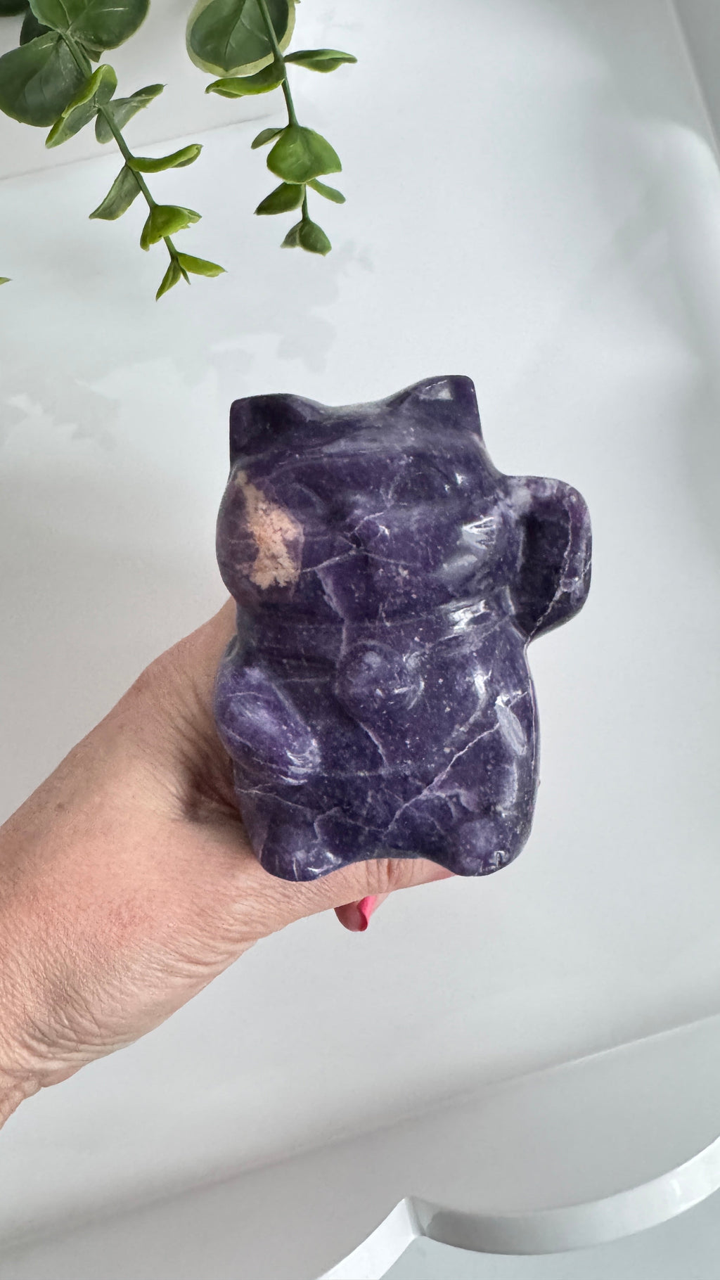 XL Lepidolite Crystal Lucky Cat, Maneki Neko, Fortune Cat 4"