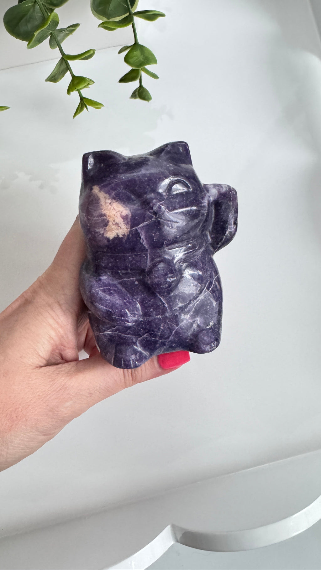 XL Lepidolite Crystal Lucky Cat, Maneki Neko, Fortune Cat 4"