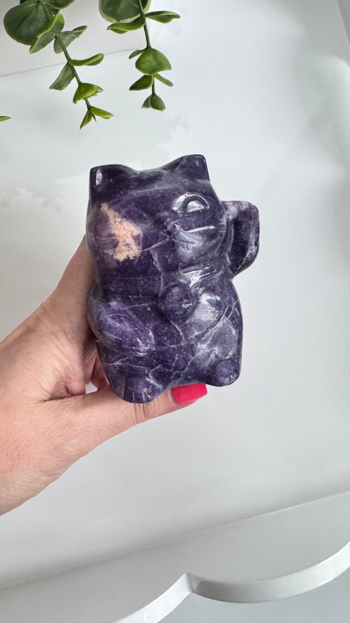 XL Lepidolite Crystal Lucky Cat, Maneki Neko, Fortune Cat 4"
