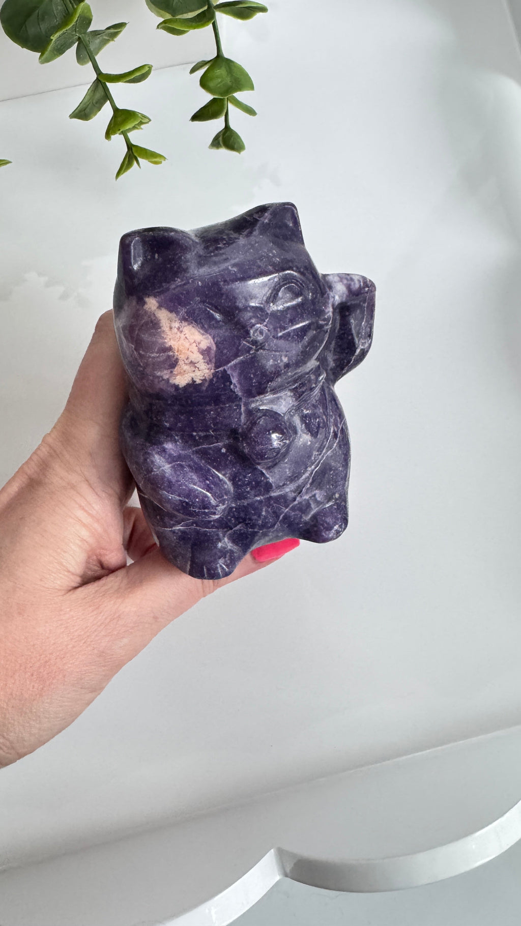 XL Lepidolite Crystal Lucky Cat, Maneki Neko, Fortune Cat 4"