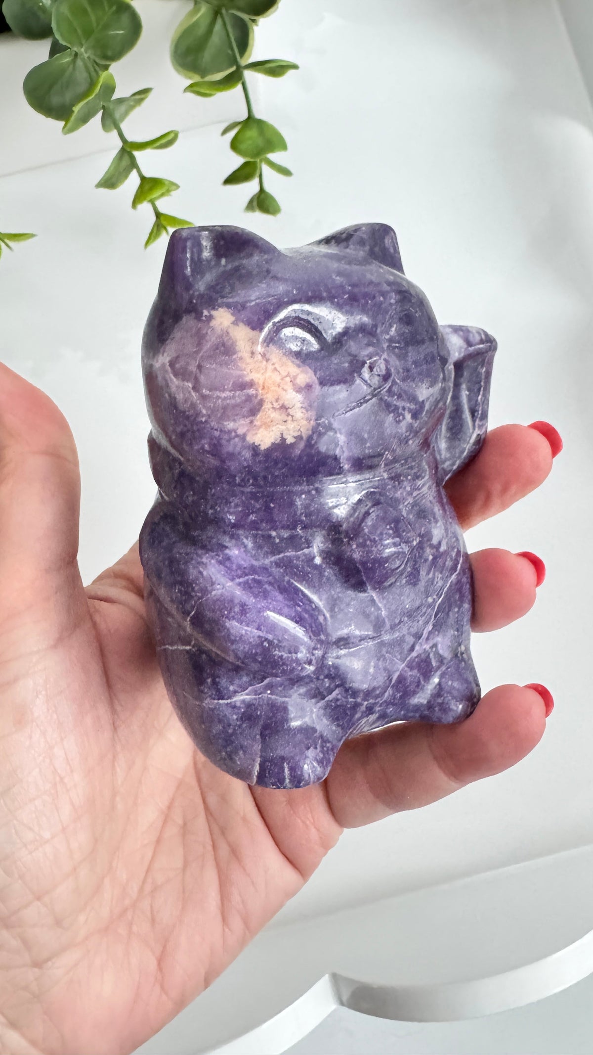 XL Lepidolite Crystal Lucky Cat, Maneki Neko, Fortune Cat 4"