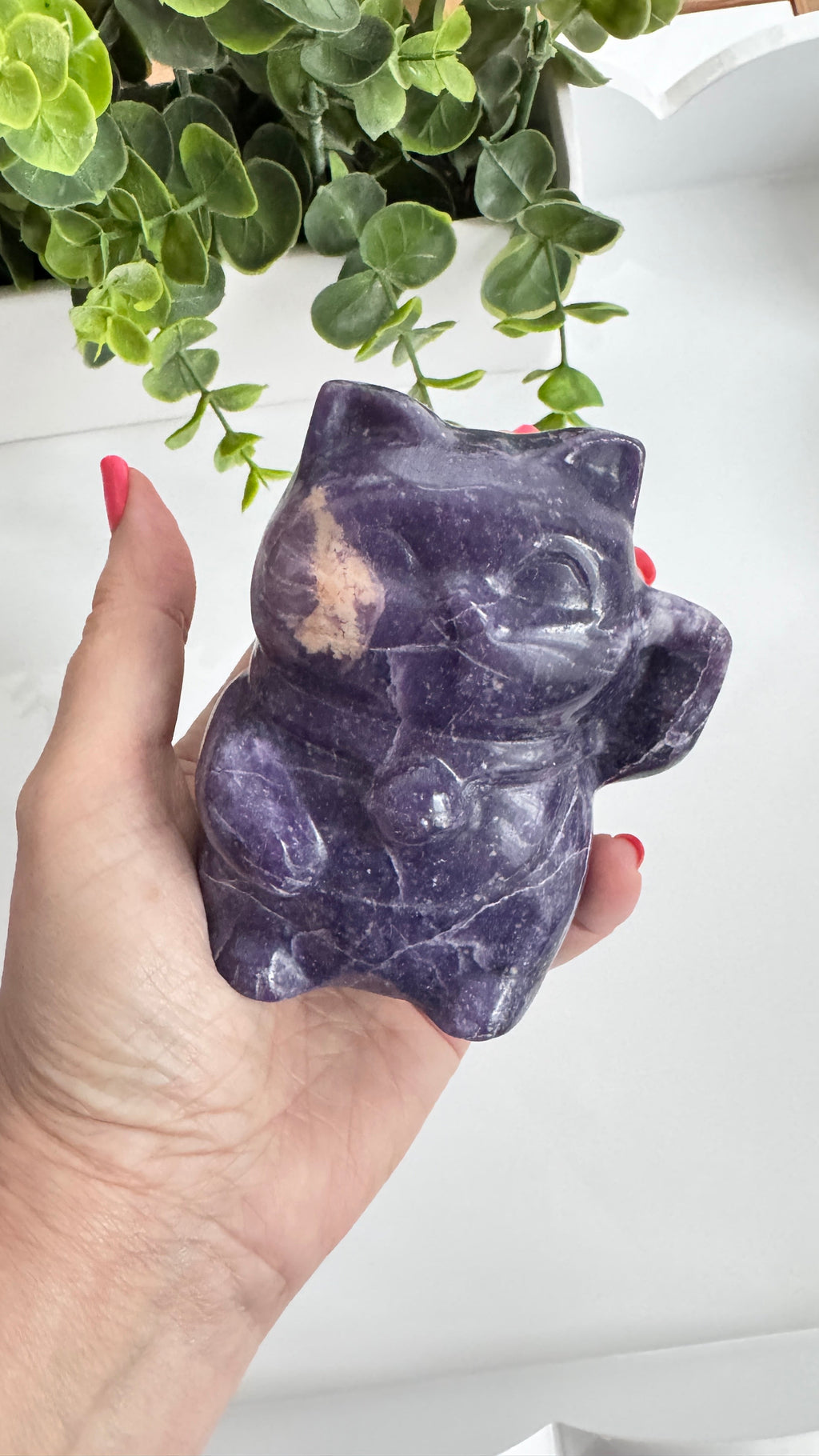 XL Lepidolite Crystal Lucky Cat, Maneki Neko, Fortune Cat 4"