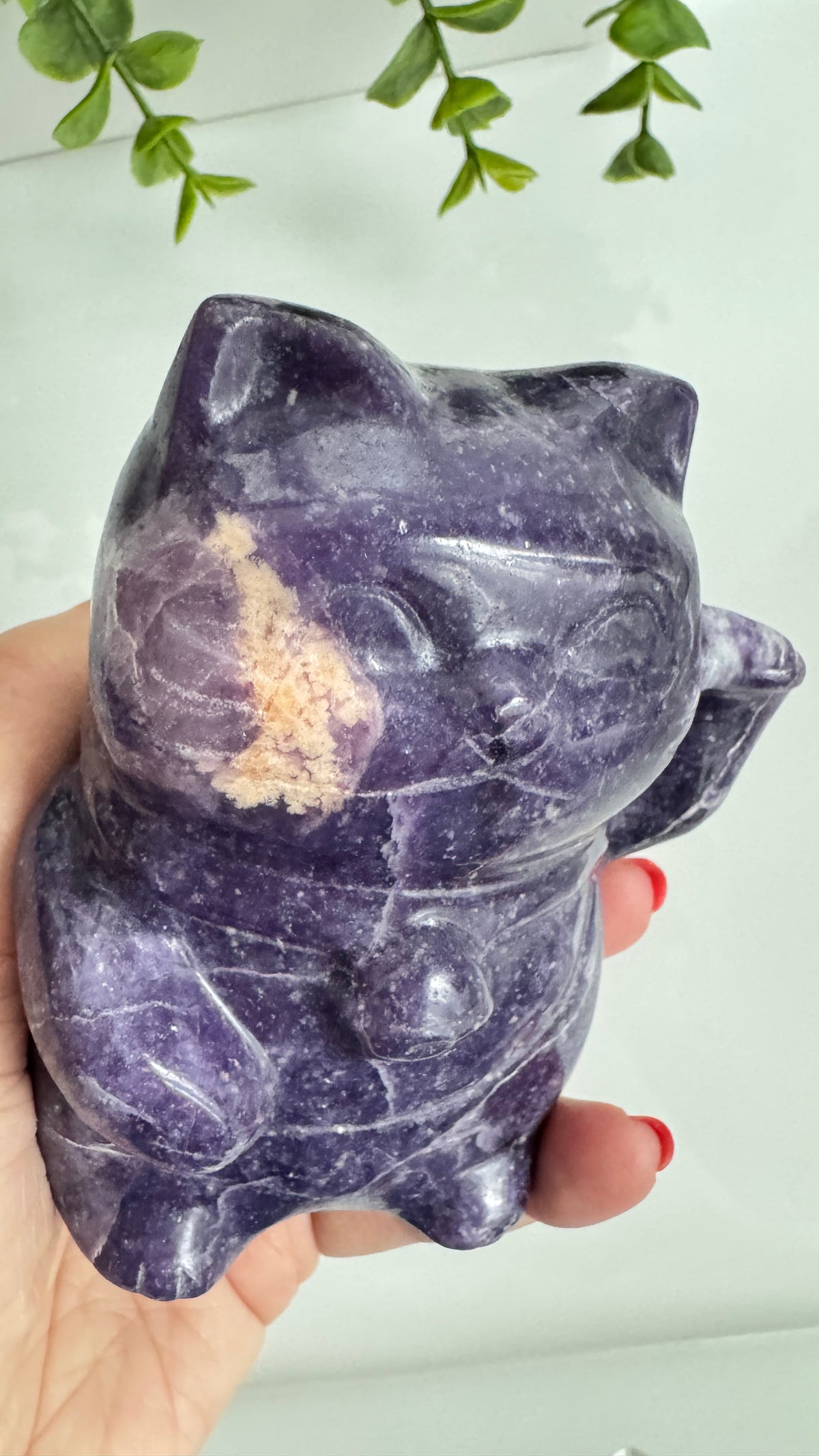 XL Lepidolite Crystal Lucky Cat, Maneki Neko, Fortune Cat 4"