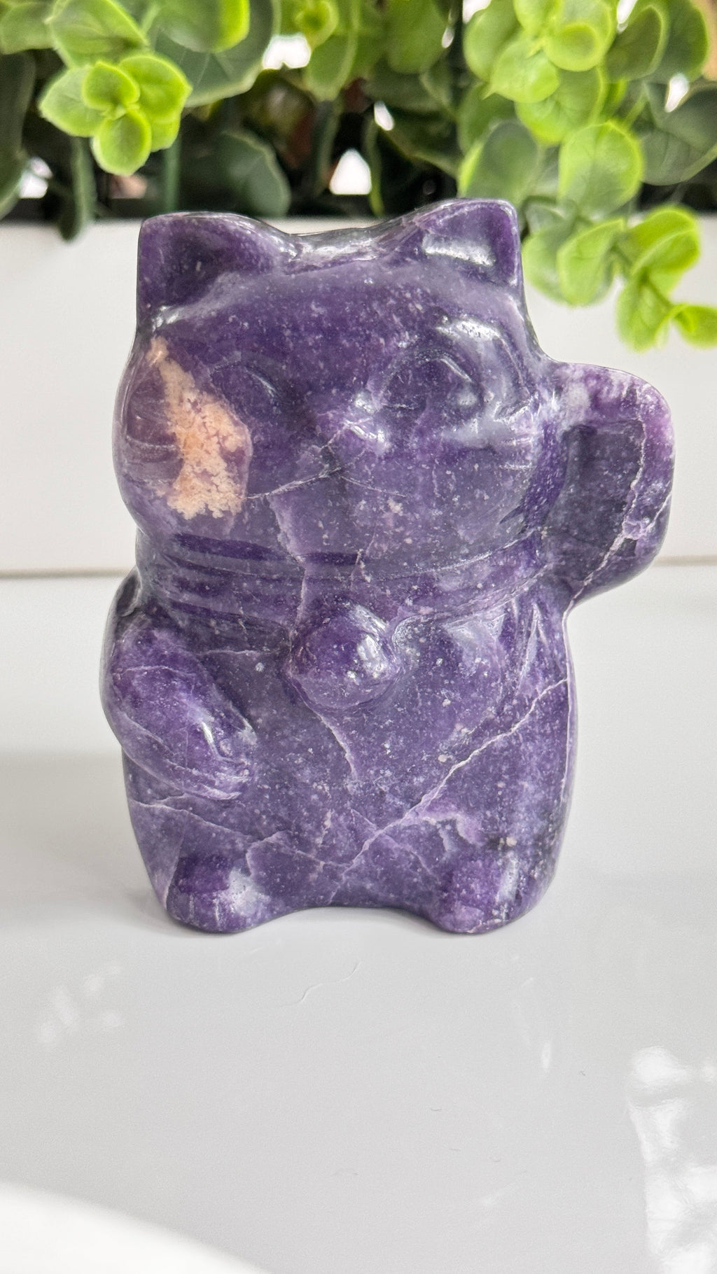 XL Lepidolite Crystal Lucky Cat, Maneki Neko, Fortune Cat 4"