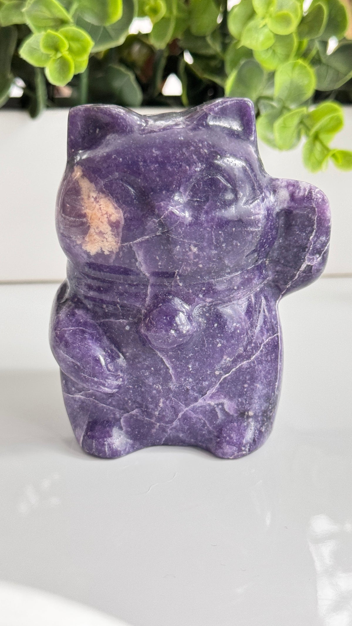 XL Lepidolite Crystal Lucky Cat, Maneki Neko, Fortune Cat 4"
