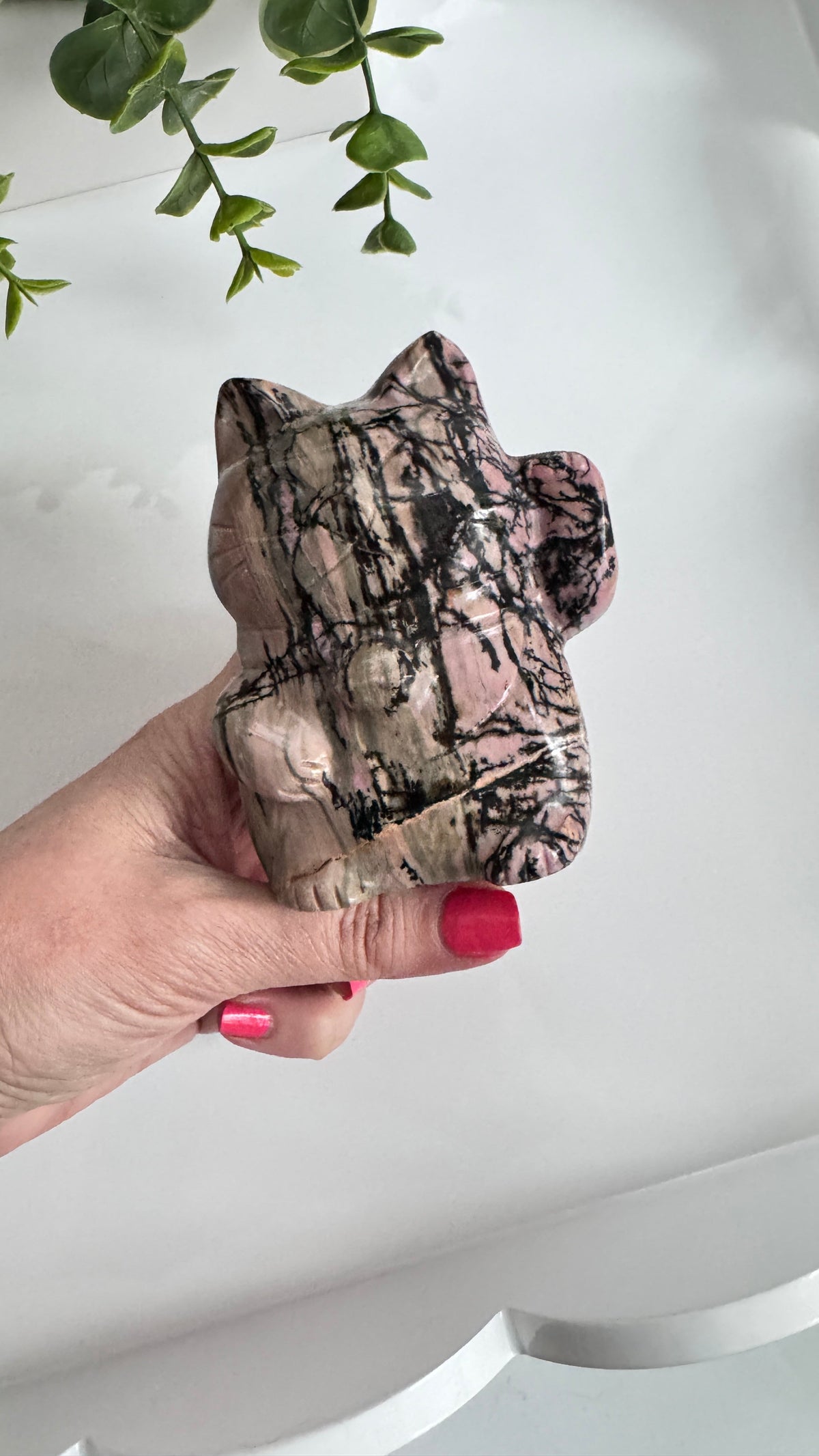 XL Rhodonite Crystal Lucky Cat, Maneki Neko, Fortune Cat 4"
