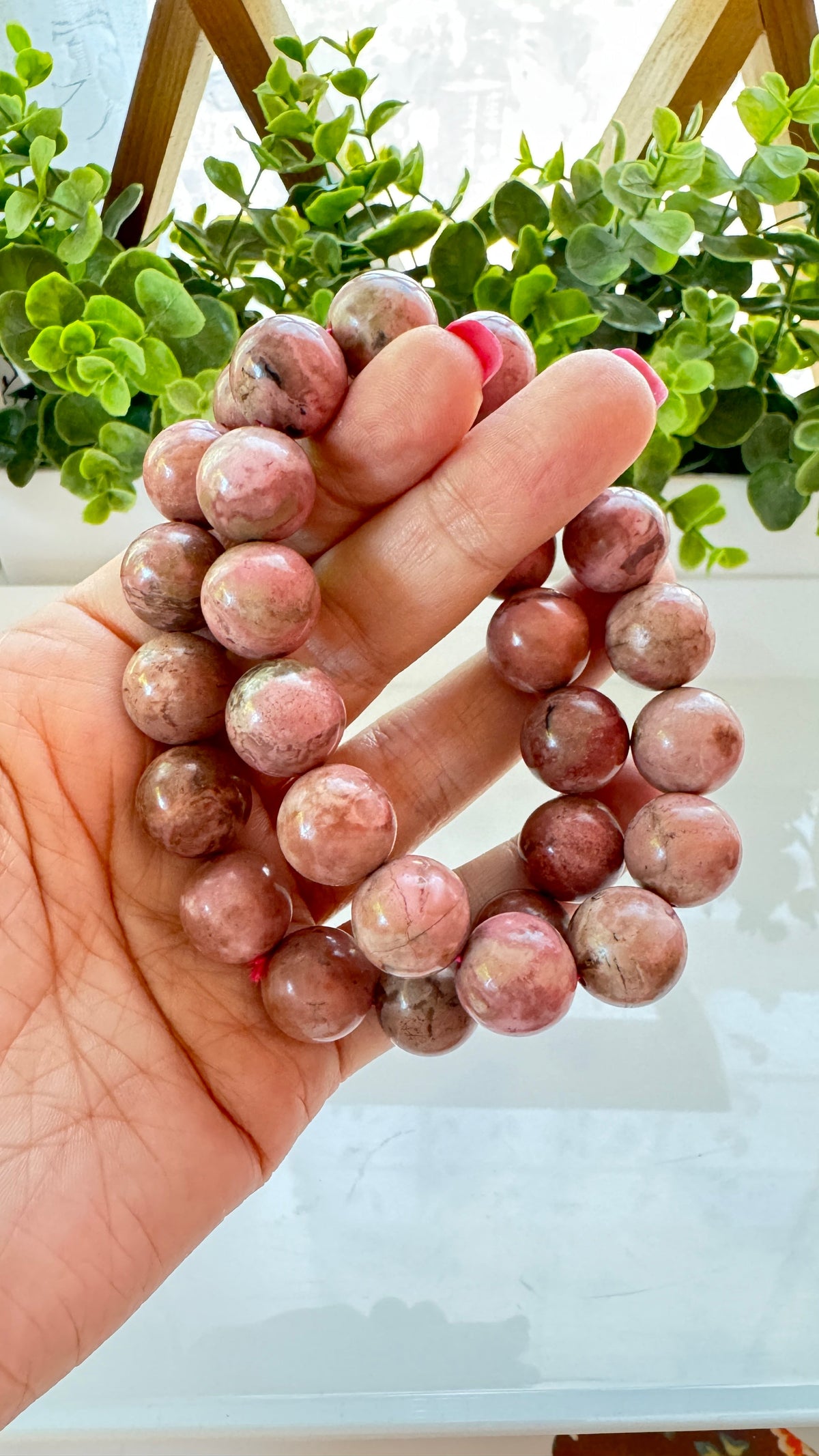 Rhodonite 14 mm Bracelet for Compassion, Stretchy, XL Beads