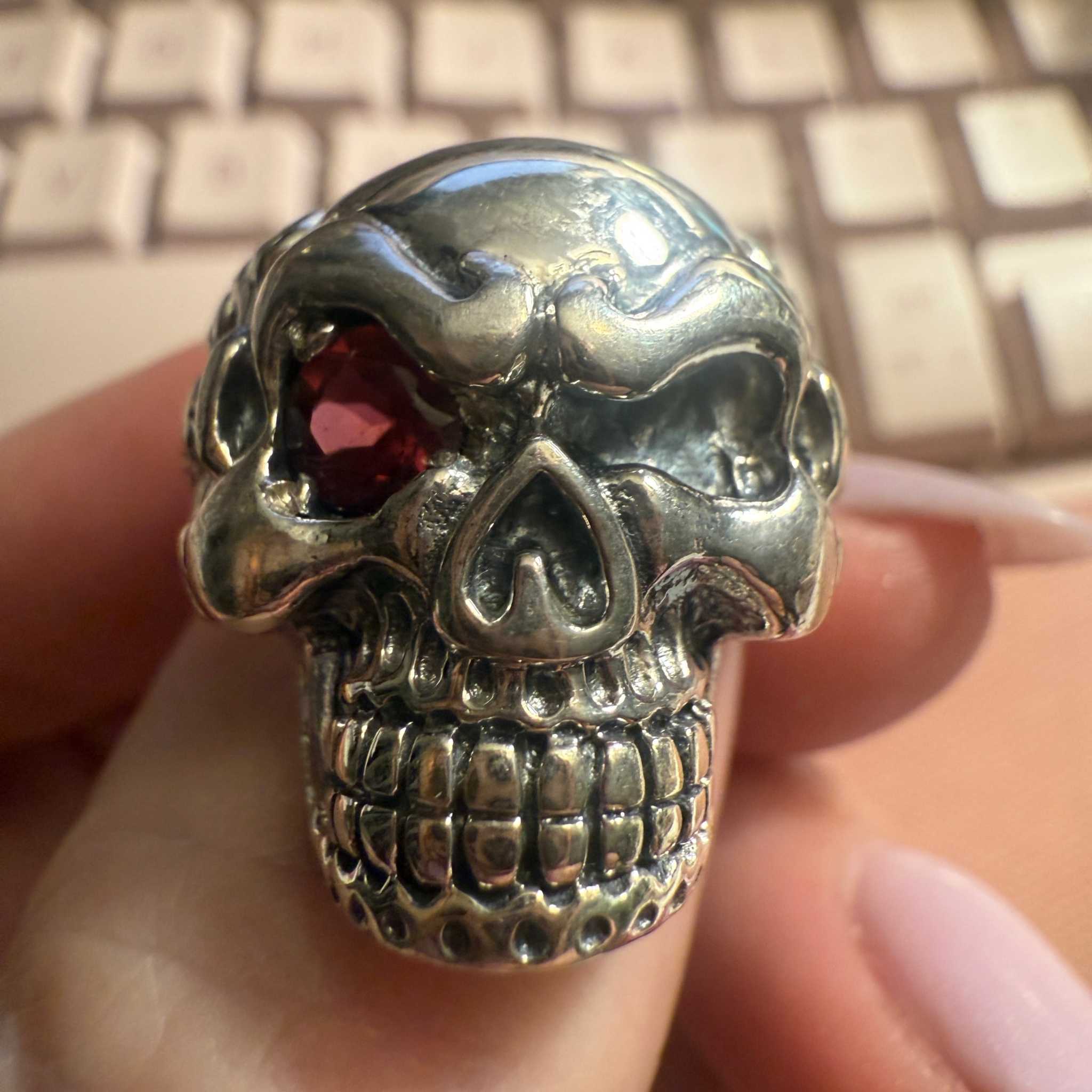 Sterling Silver Pirate Skull Ring with Garnet Eye – Sizes 9, 10 & 11 by Sacred Crystals