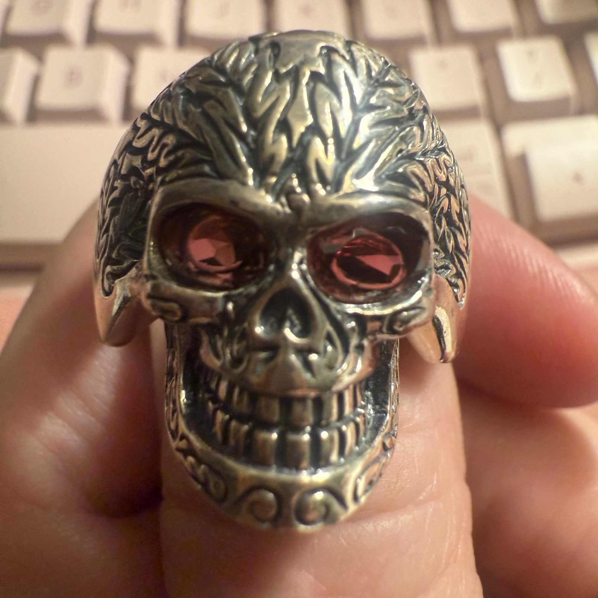 Sterling Silver Skull Ring with Dual Garnet Eyes – Sizes 11, 12 & 14 by Sacred Crystals