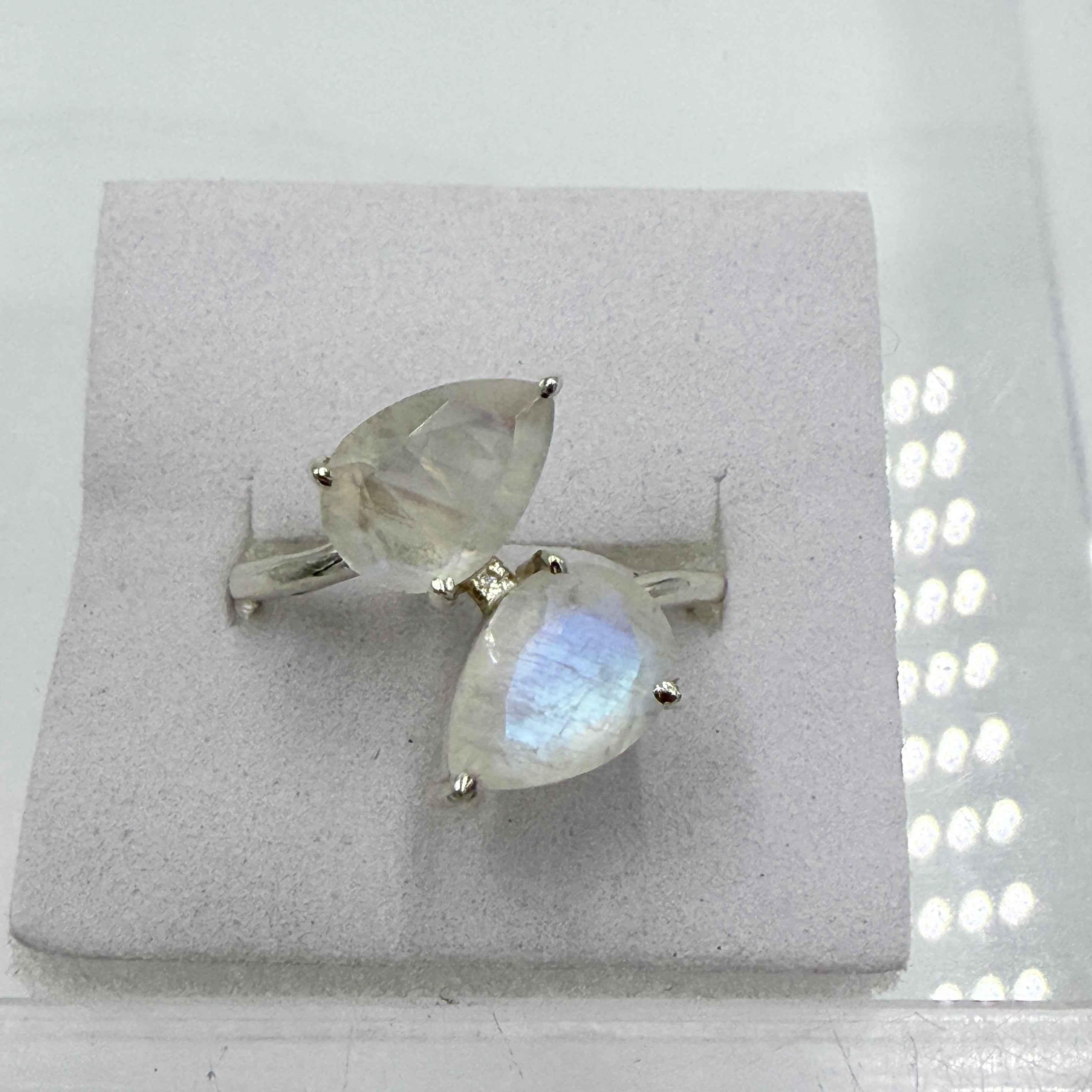 Sterling Silver Rainbow Moonstone Double Pear Ring – Size 8 – Intuition, Balance & New Beginnings by Sacred Crystals