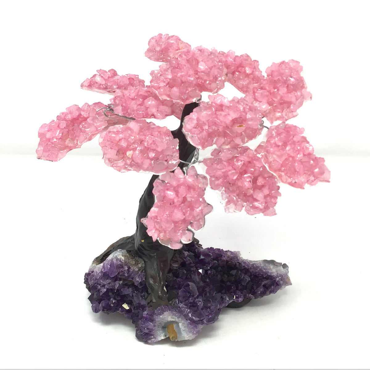 Rose Quartz Gemstone Tree with Clay Polymer on Amethyst Geode Base