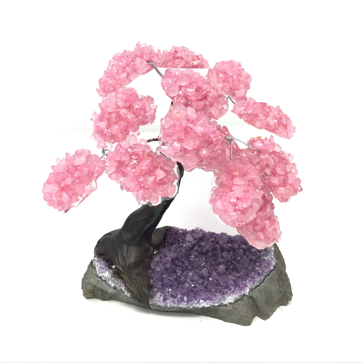Rose Quartz Gemstone Tree with Clay Polymer on Amethyst Geode Base