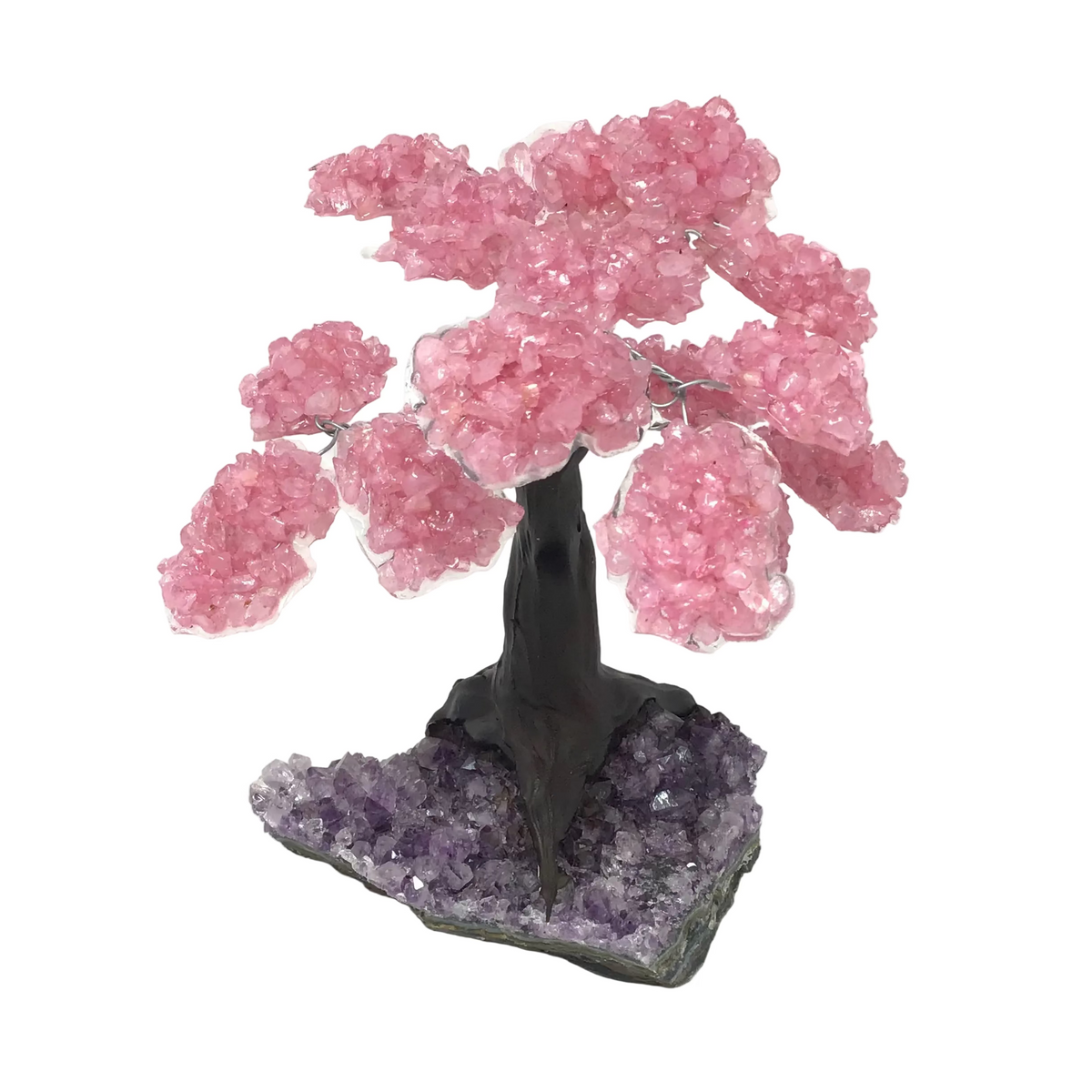Rose Quartz Gemstone Tree with Clay Polymer on Amethyst Geode Base