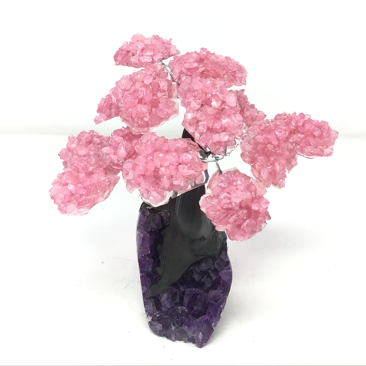 Rose Quartz Gemstone Tree with Clay Polymer on Amethyst Geode Base
