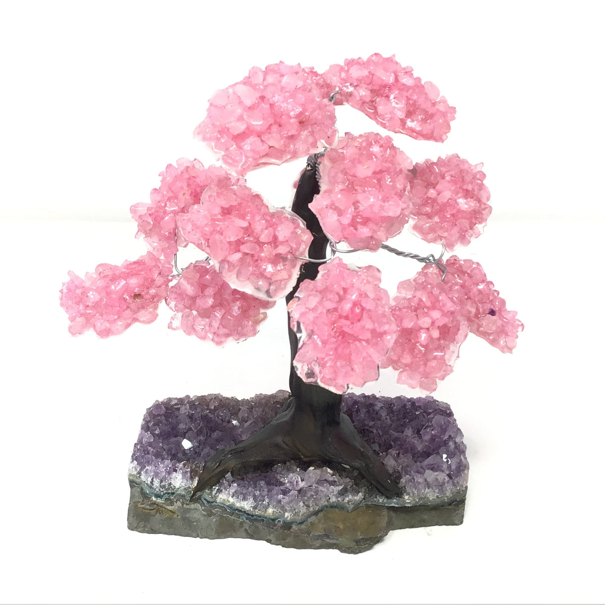 Rose Quartz Gemstone Tree with Clay Polymer on Amethyst Geode Base