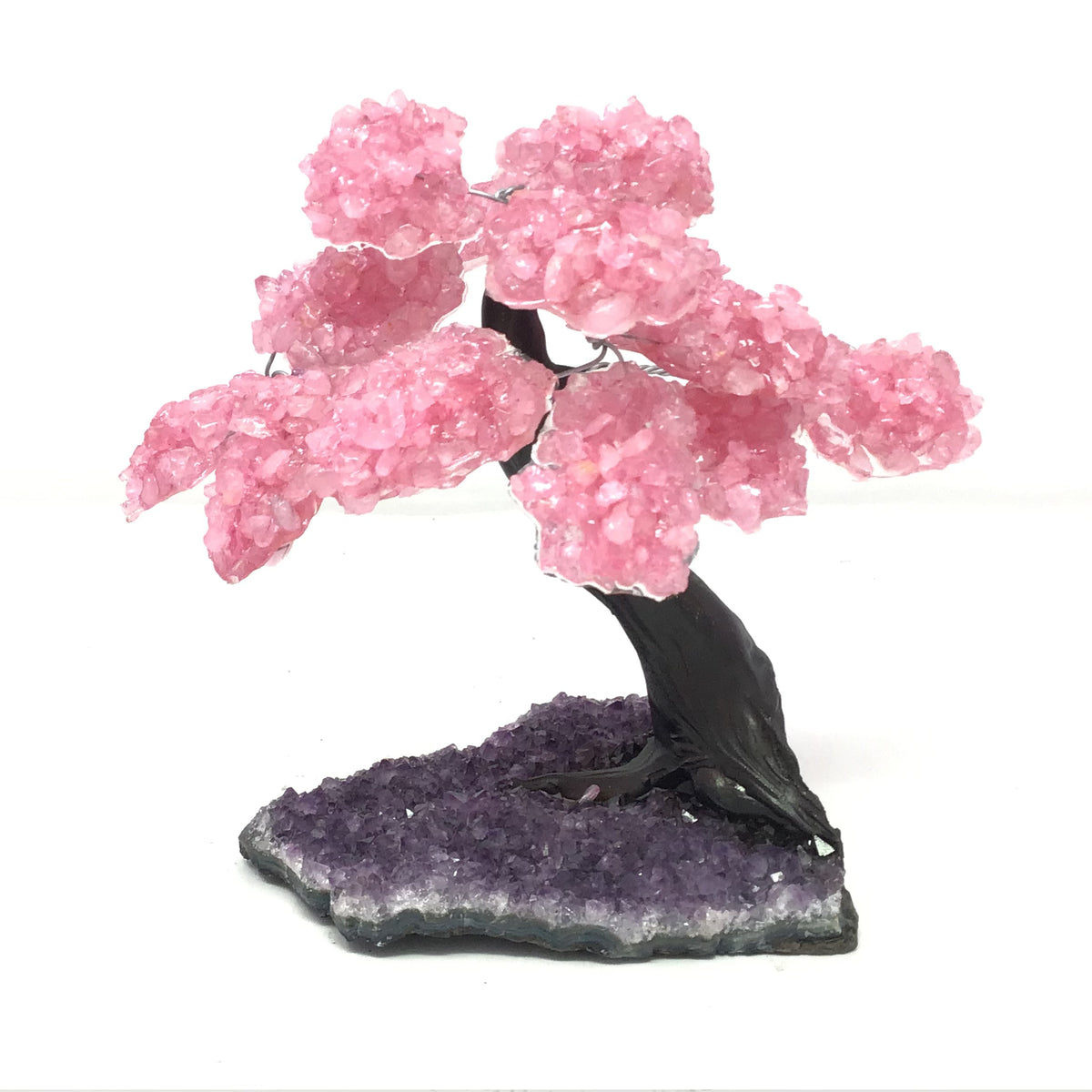 Rose Quartz Gemstone Tree with Clay Polymer on Amethyst Geode Base