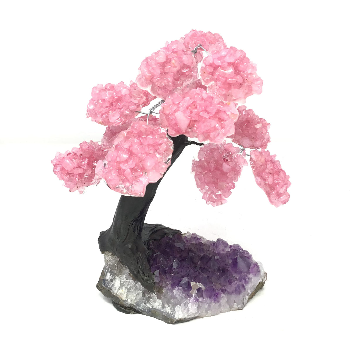 Rose Quartz Gemstone Tree with Clay Polymer on Amethyst Geode Base