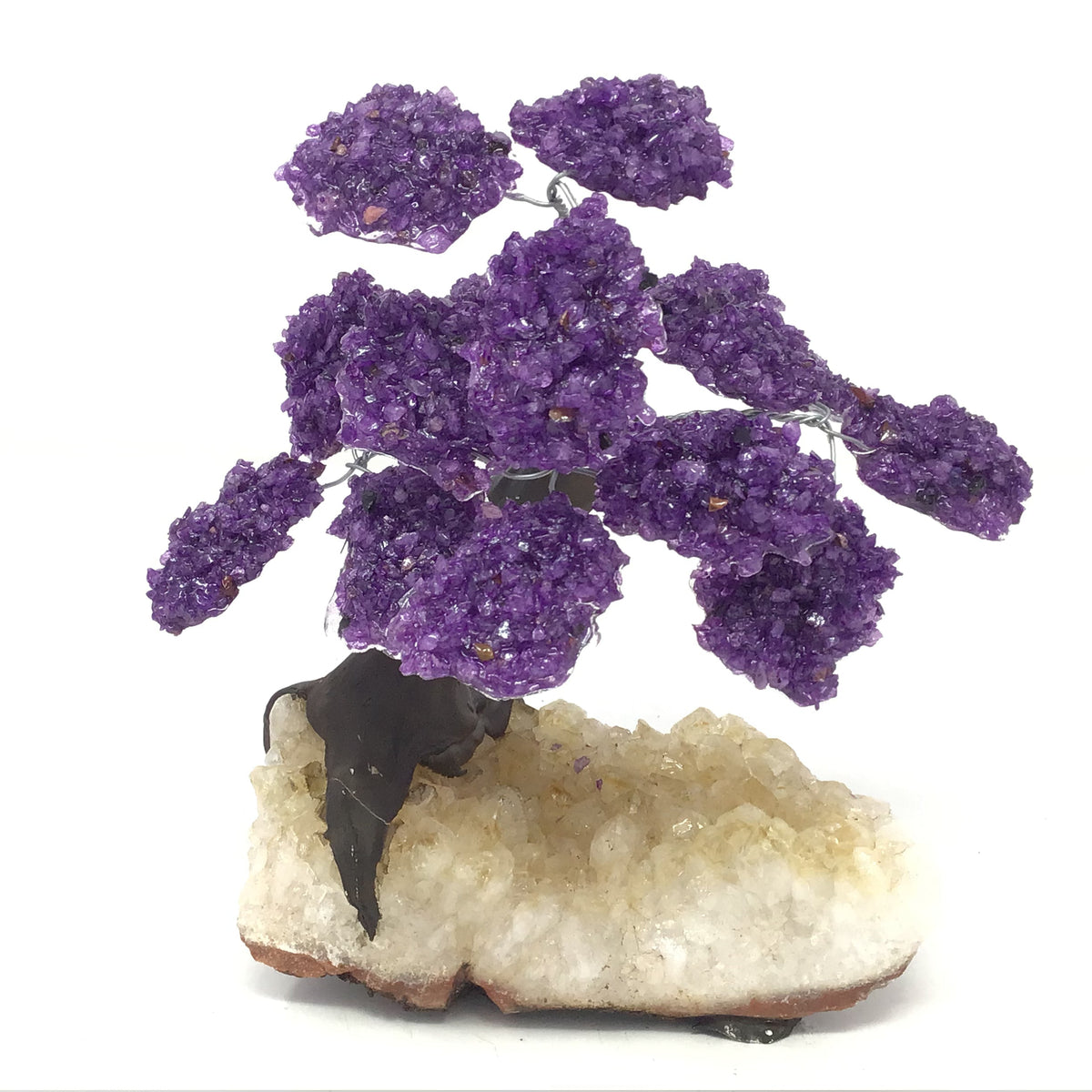Amethyst Gemstone Tree with Clay Polymer on Citrine Geode Base