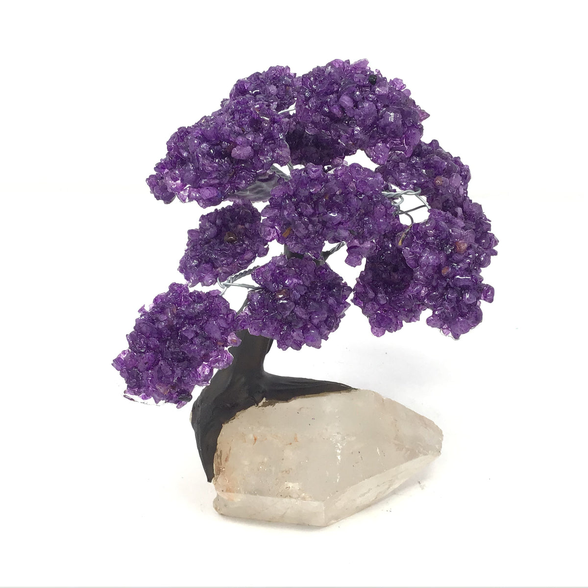 Amethyst Gemstone Tree with Clay Polymer on Quartz Crystal Base