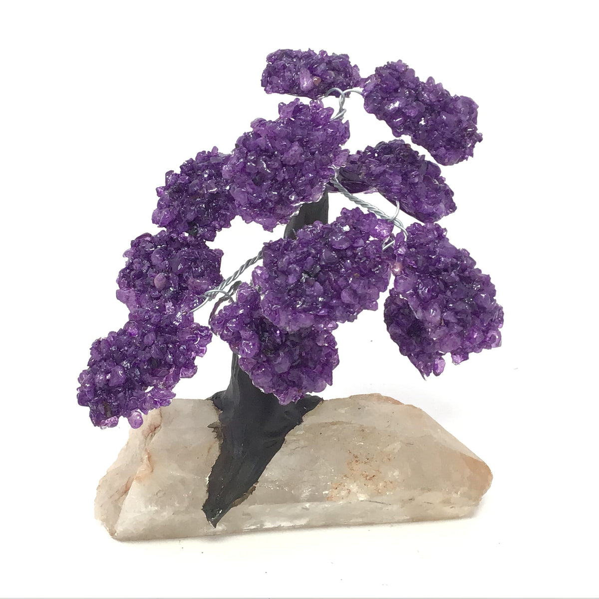 Amethyst Gemstone Tree with Clay Polymer on Quartz Crystal Base