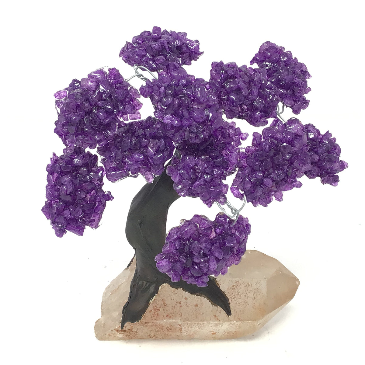 Amethyst Gemstone Tree with Clay Polymer on Quartz Crystal Base