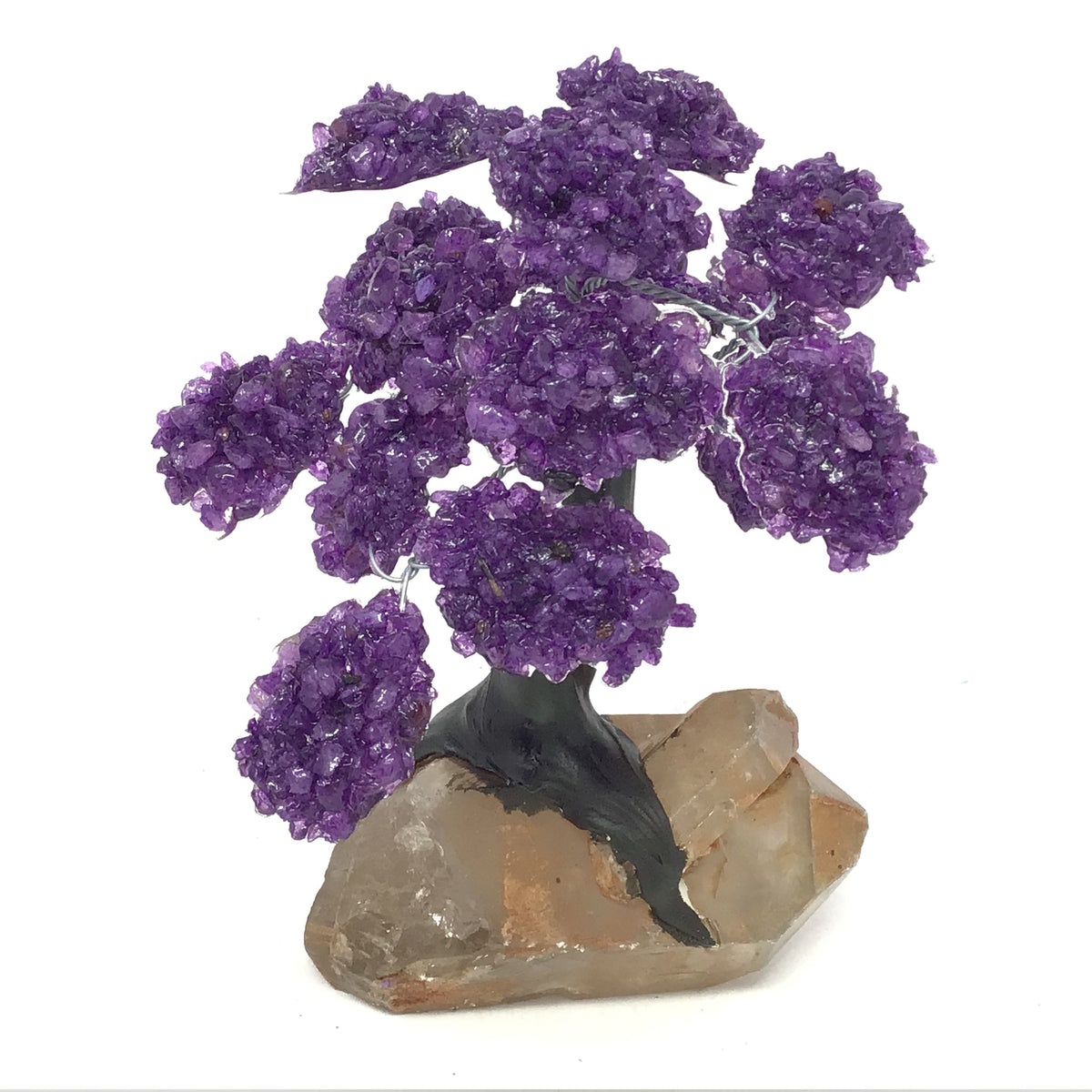 Amethyst Gemstone Tree with Clay Polymer on Quartz Crystal Base
