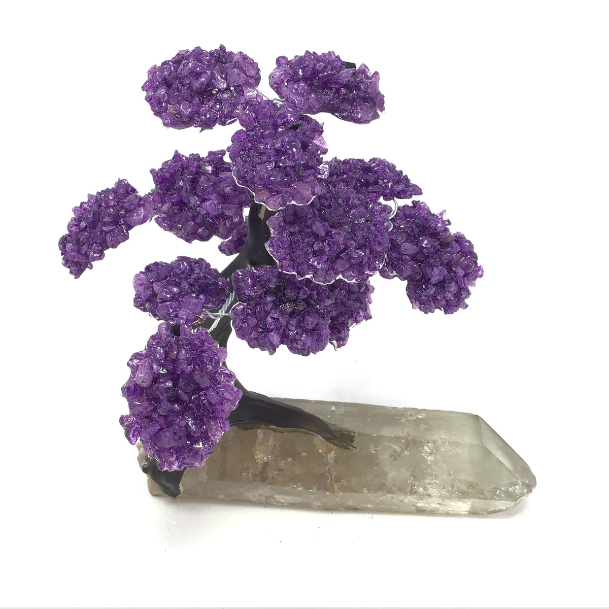 Amethyst Gemstone Tree with Clay Polymer on Quartz Crystal Base