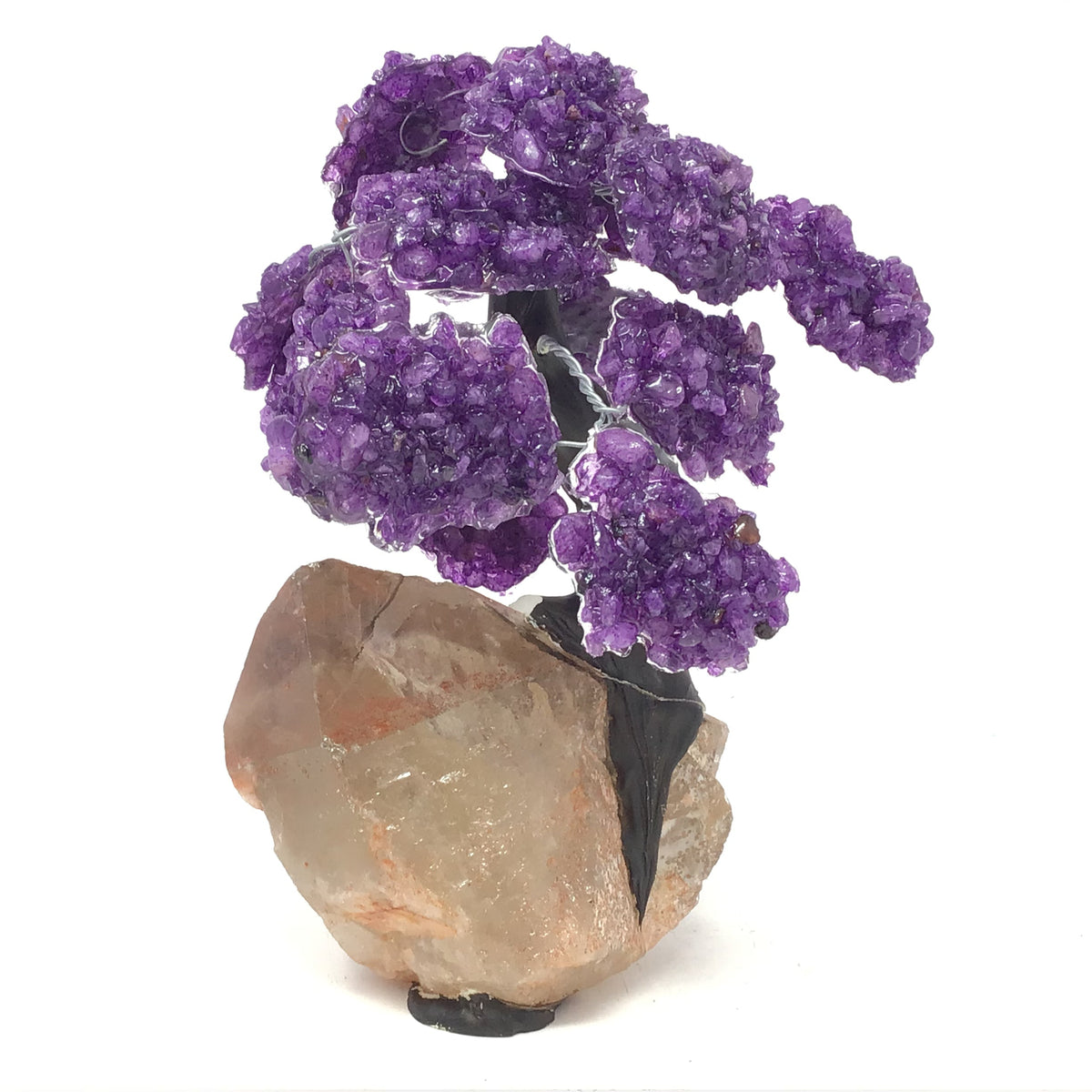 Amethyst Gemstone Tree with Clay Polymer on Quartz Crystal Base