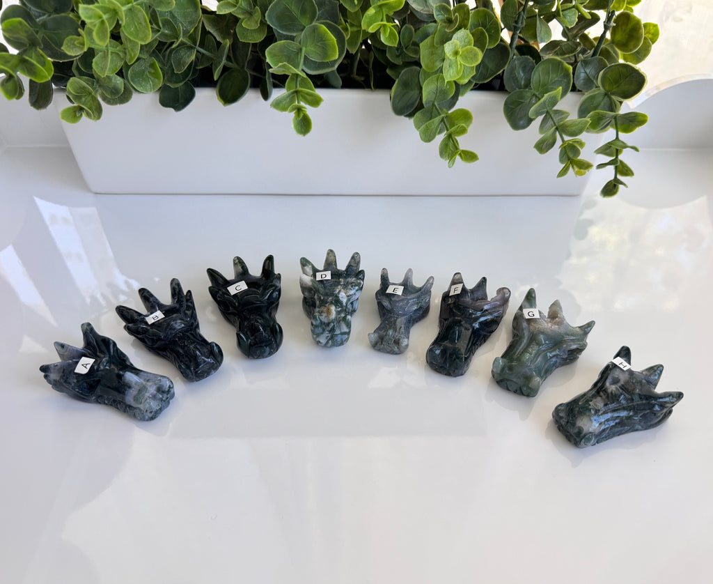 Moss Agate Dragon, You Choose 2-2.5" Crystal Dragon Head Skull for Stable Growth
