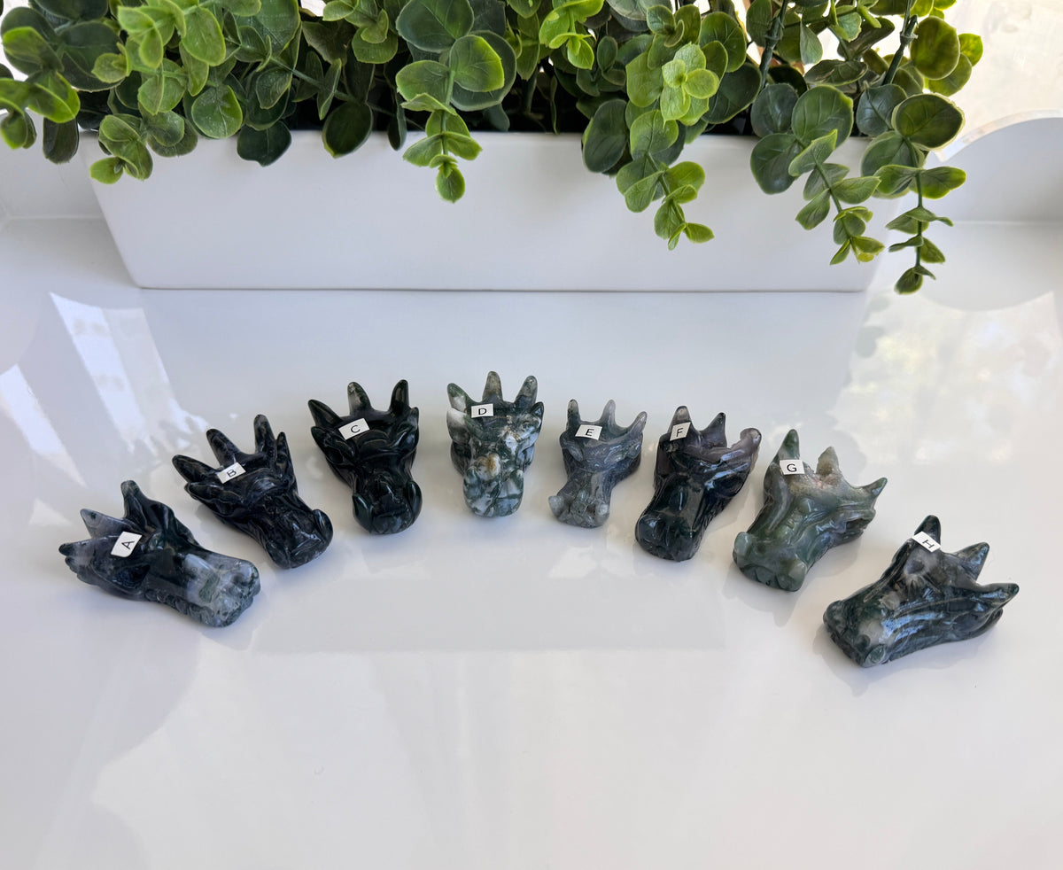 Moss Agate Dragon, You Choose 2-2.5" Crystal Dragon Head Skull for Stable Growth