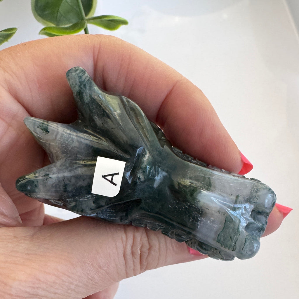 Moss Agate Dragon, You Choose 2-2.5" Crystal Dragon Head Skull for Stable Growth