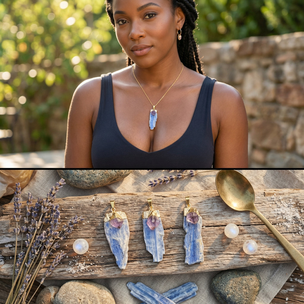 Kyanite And Amethyst Crystal Point Pendant (Gold Plated) by Amazing Crystals