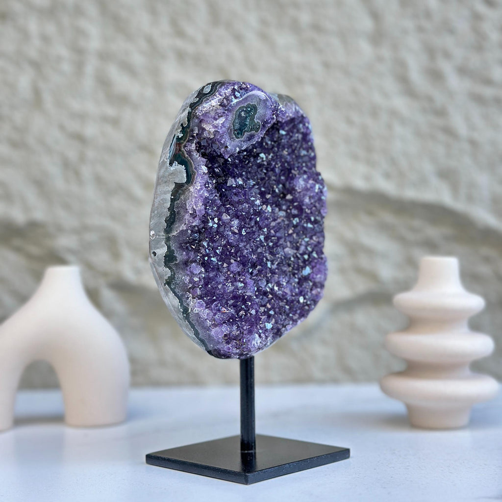 Large Deep Purple Amethyst Geode Crystal on Modern Stand