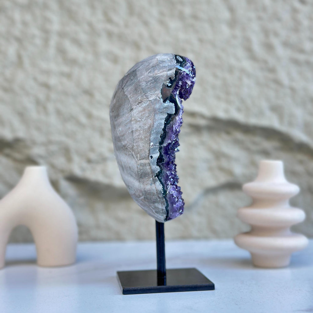 Large Deep Purple Amethyst Geode Crystal on Modern Stand
