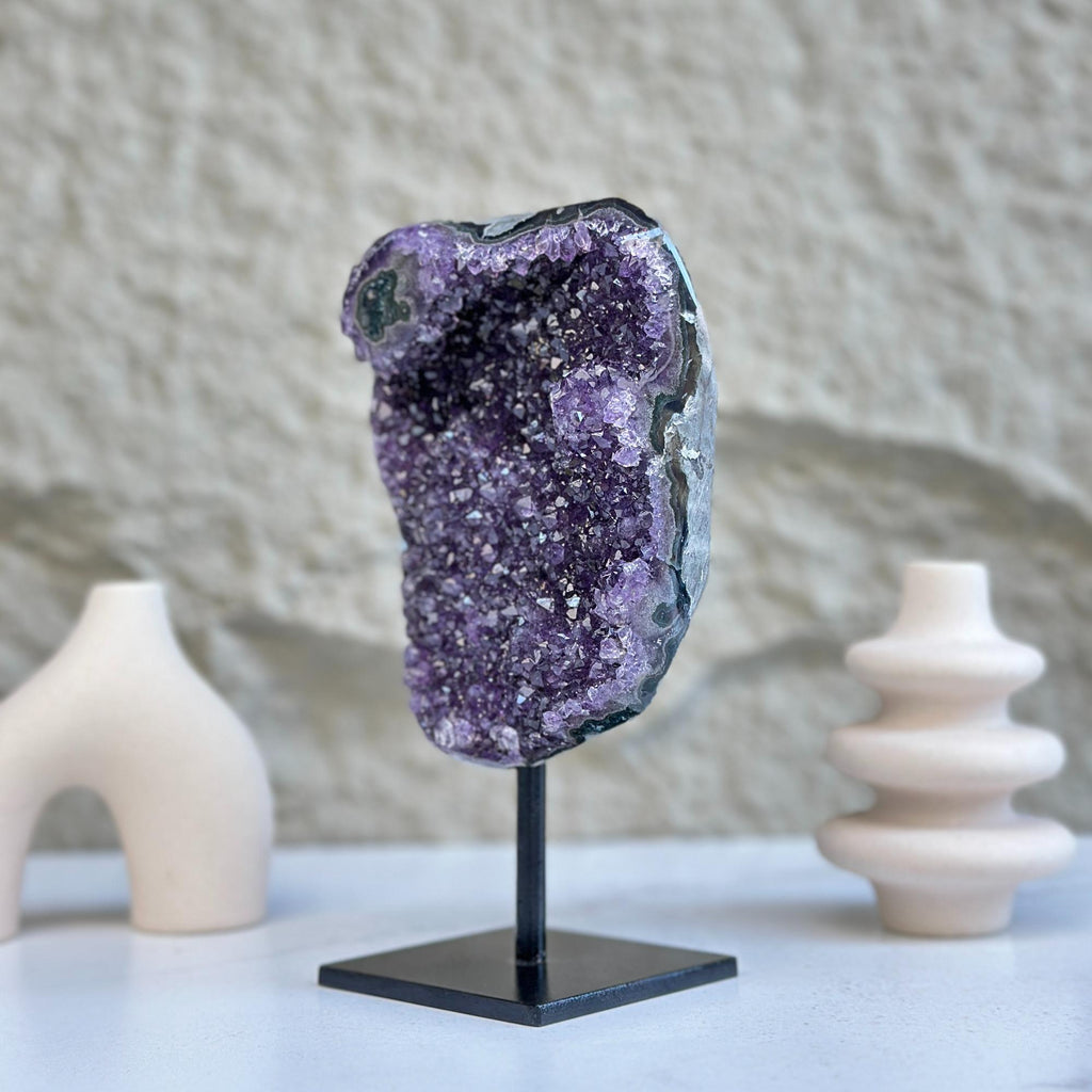 Large Deep Purple Amethyst Geode Crystal on Modern Stand