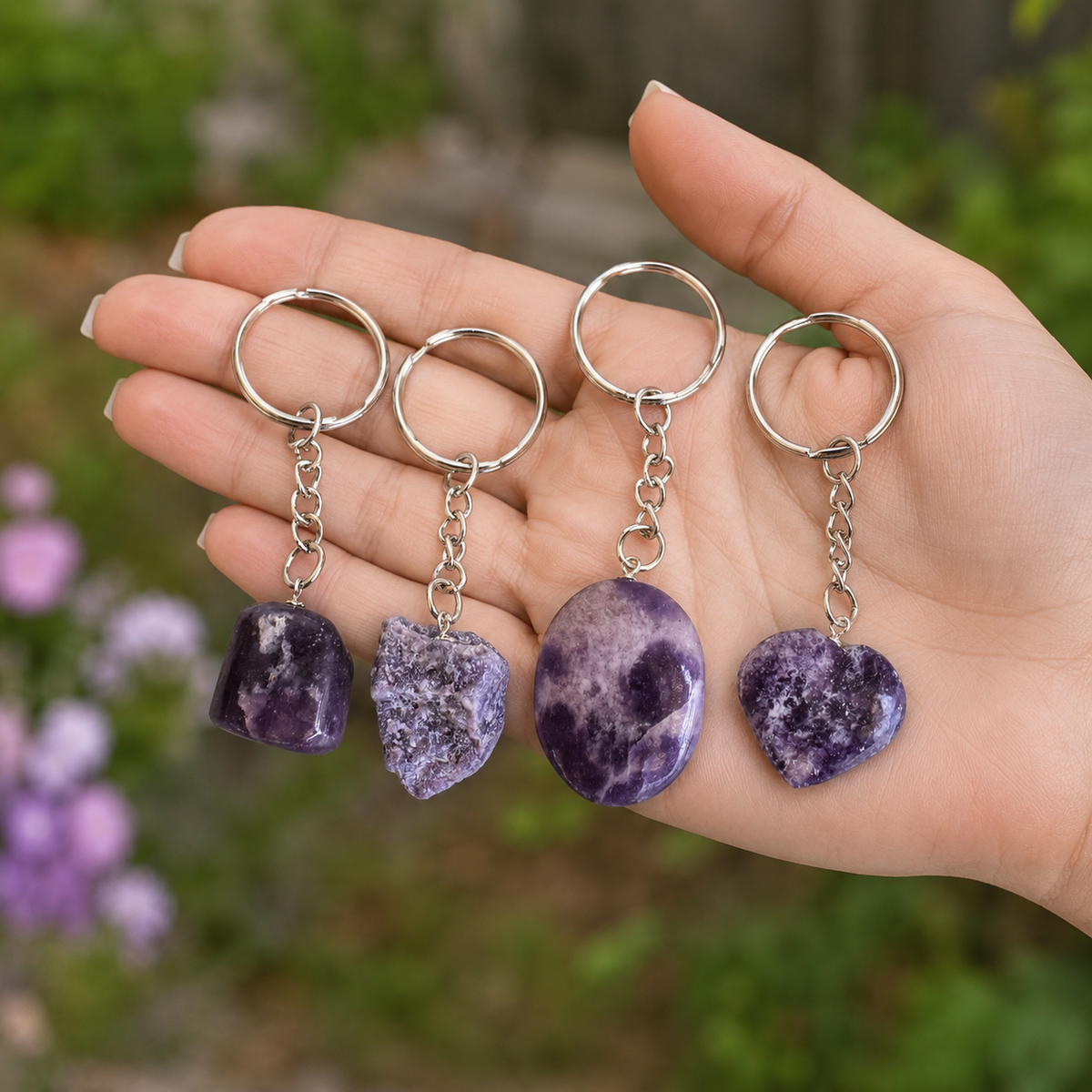 Lepidolite Key Chain, Gemstone Keychain Crystal Key Ring (Joy and Relaxation)