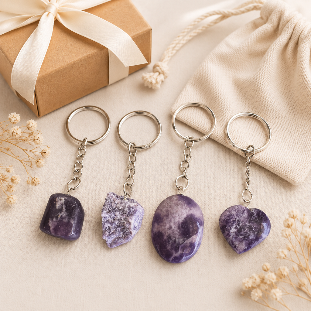 Lepidolite Key Chain, Gemstone Keychain Crystal Key Ring (Joy and Relaxation)