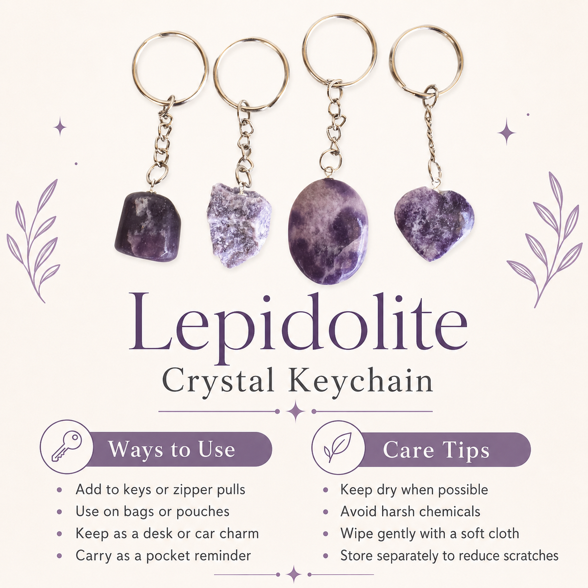 Lepidolite Key Chain, Gemstone Keychain Crystal Key Ring (Joy and Relaxation)