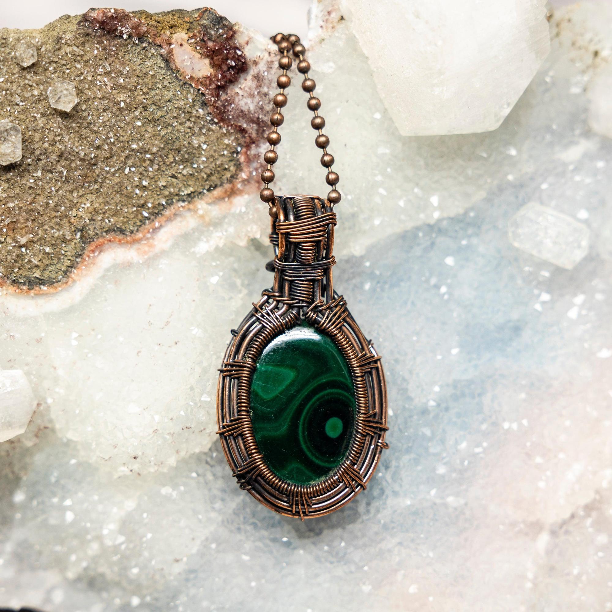 Malachite Crystal Oval Wire Wrap Copper Pendant Unique