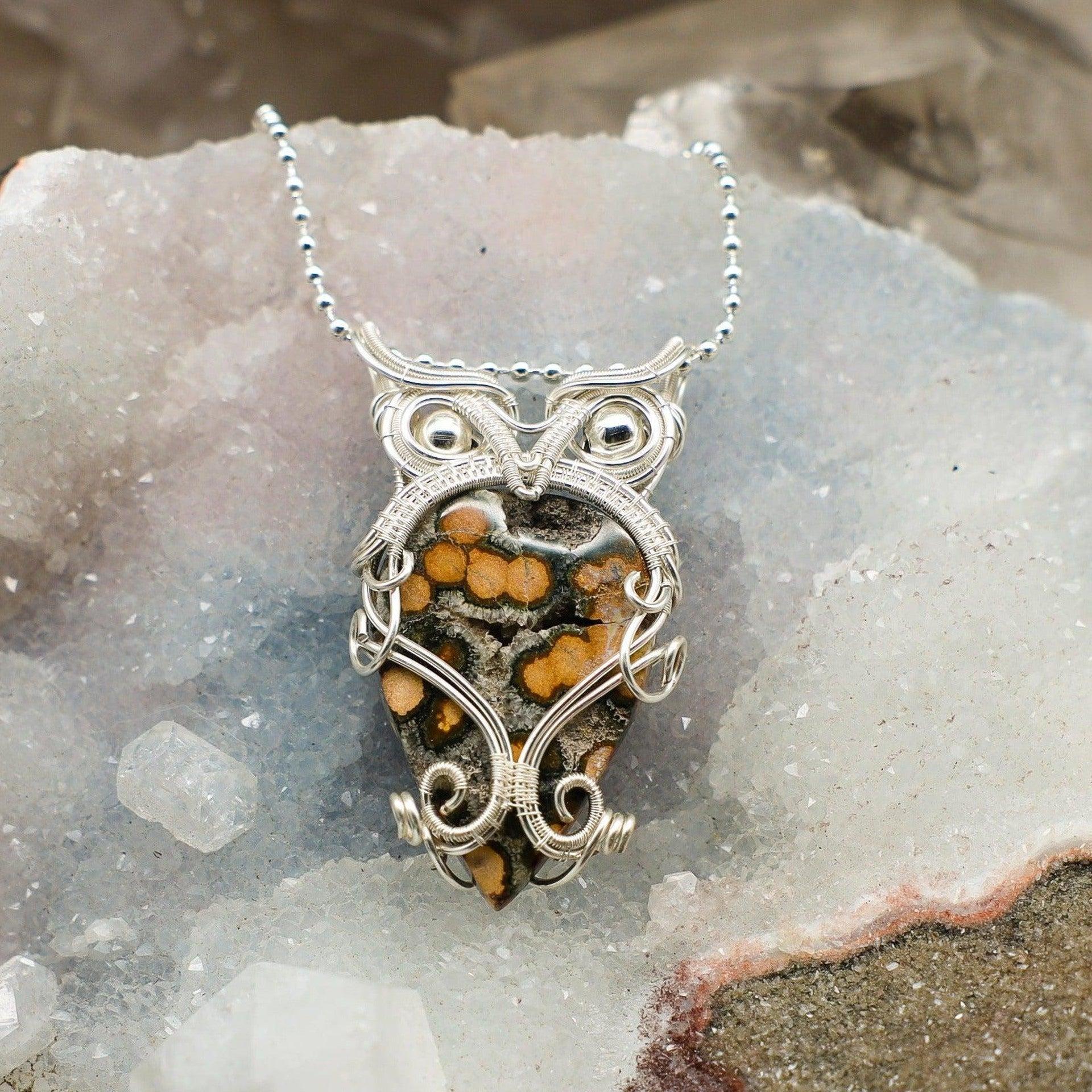 Ocean Jasper Crystal Wire Wrap Pendant Copper Owl Frame