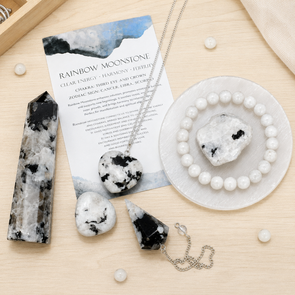 Rainbow Moonstone Crystal Gift Set For Emotional Support and Protection, Real Polished Gemstones.