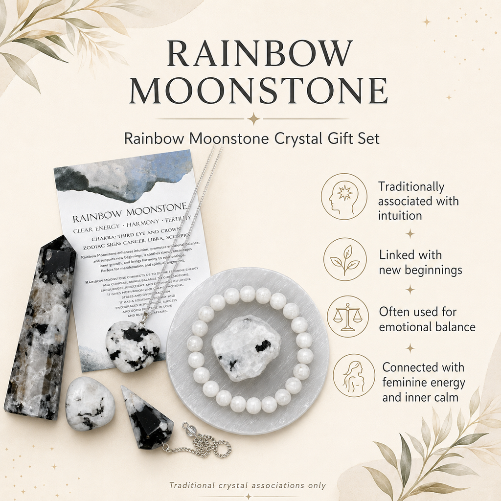 Rainbow Moonstone Crystal Gift Set For Emotional Support and Protection, Real Polished Gemstones.