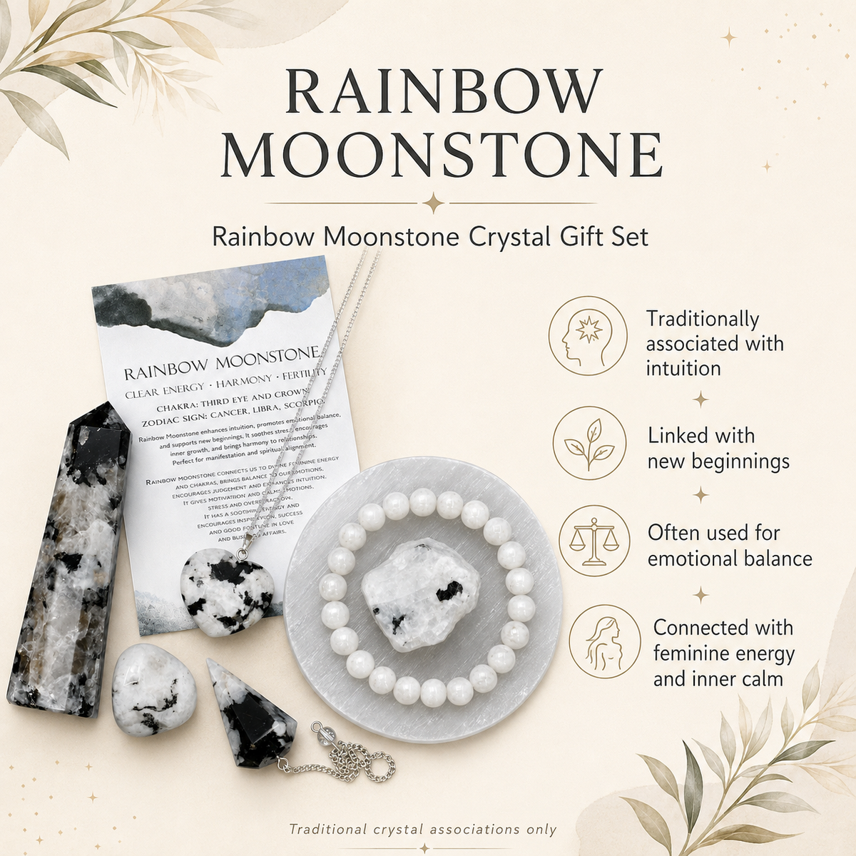 Rainbow Moonstone Crystal Gift Set For Emotional Support and Protection, Real Polished Gemstones.